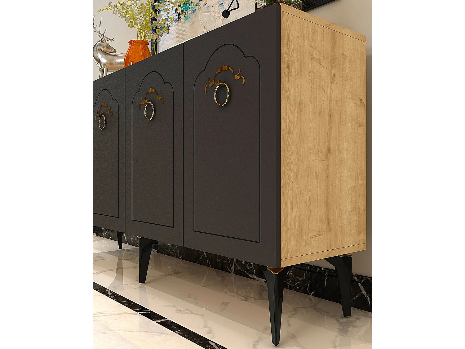 Buffet – 150 cm x 75 cm x 35 cm – Chêne Saphir et Anthracite – Mélamine