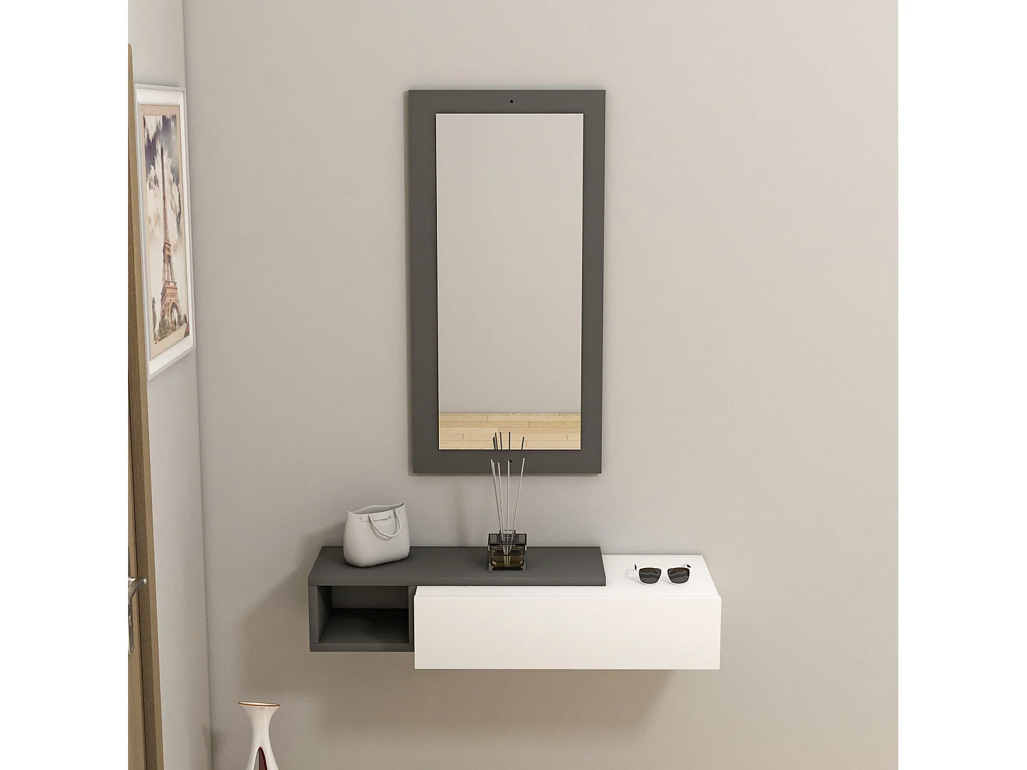 Melamine dressoir met spiegel – 82 x 15,8 x 29,6 cm – Antraciet en wit