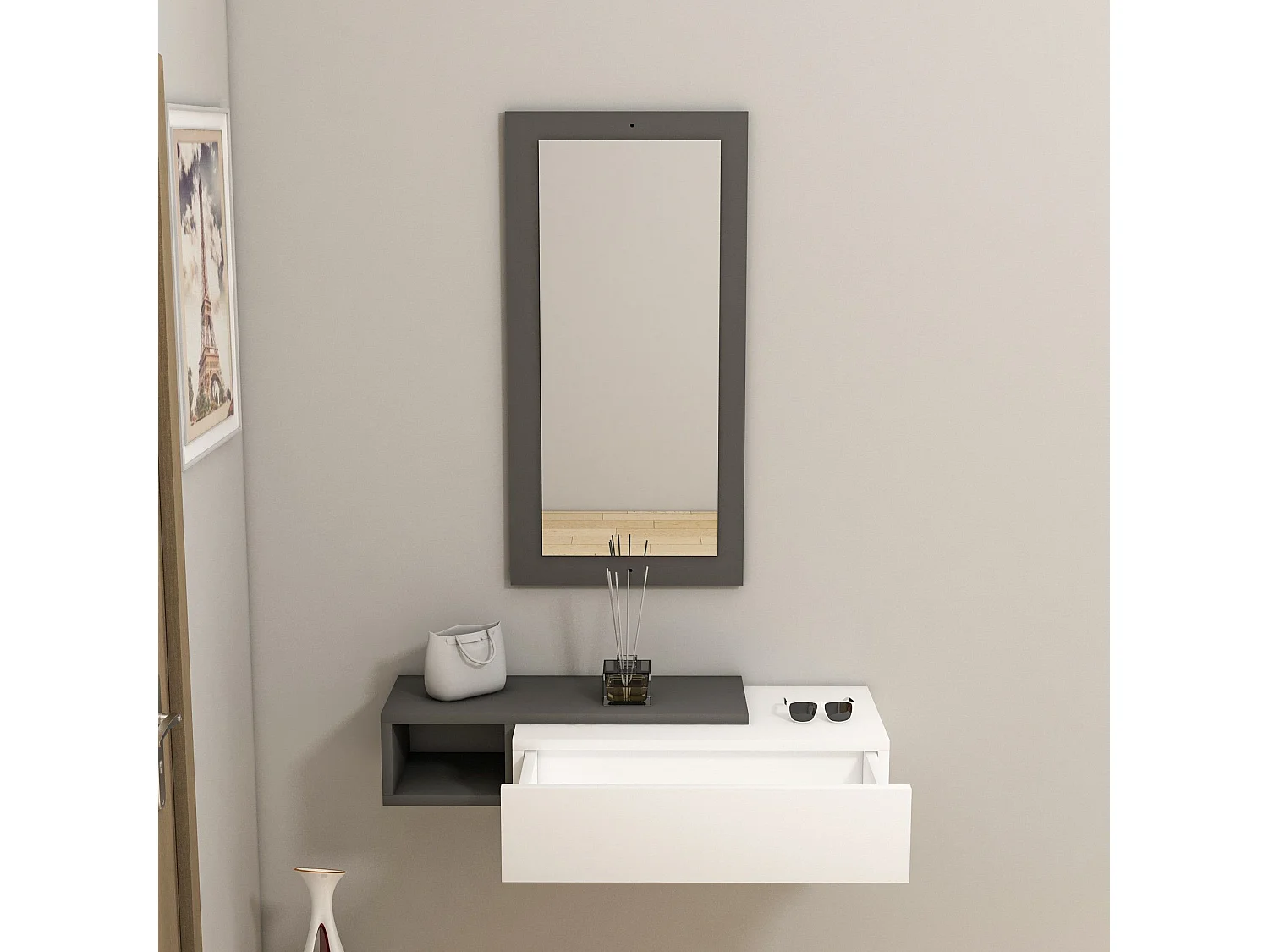 Melamine dressoir met spiegel – 82 x 15,8 x 29,6 cm – Antraciet en wit