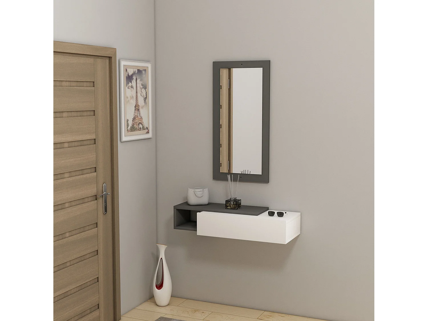 Melamine dressoir met spiegel – 82 x 15,8 x 29,6 cm – Antraciet en wit