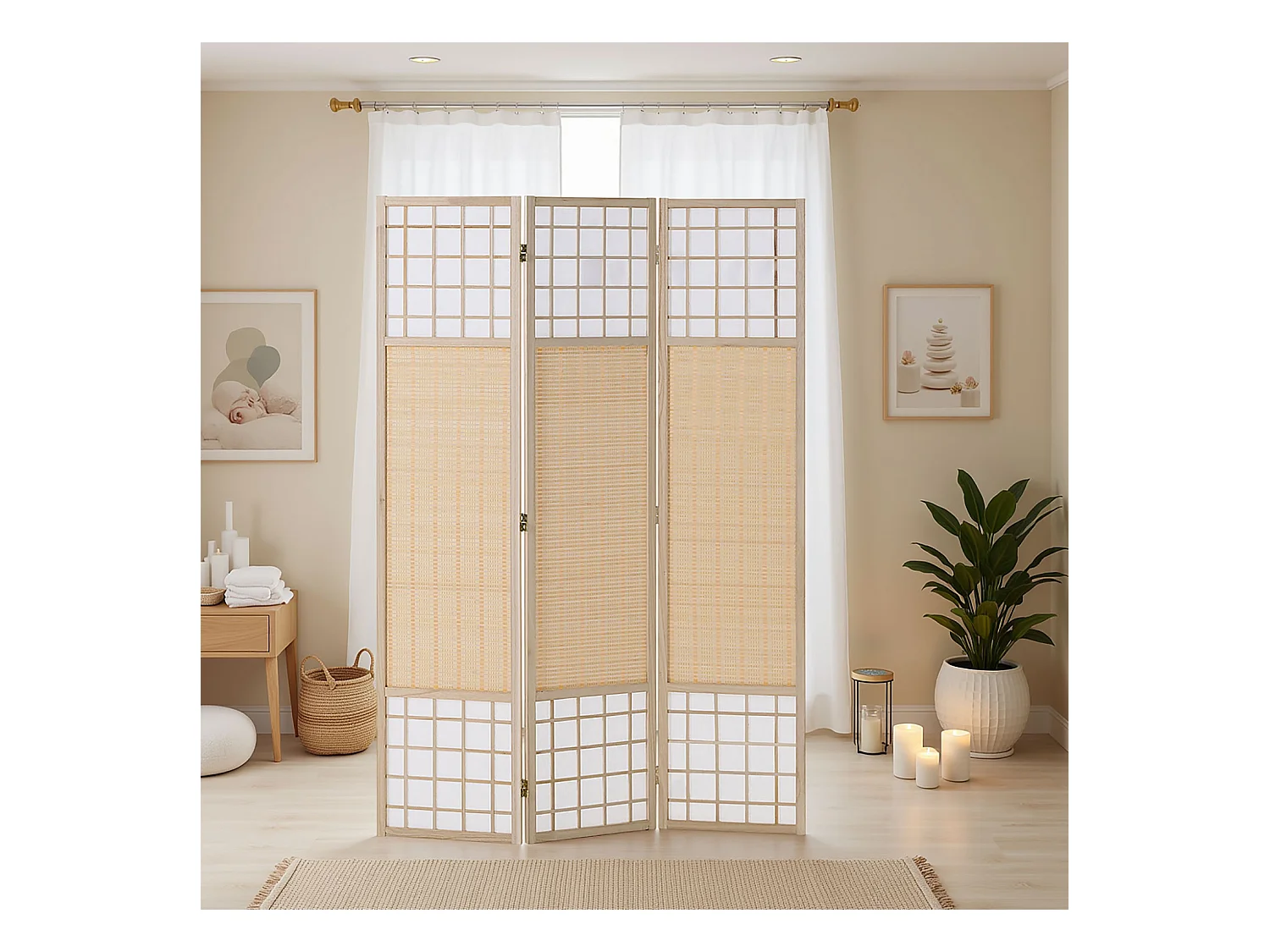 Paravent 170x120x2.0 cm Blanc Naturel