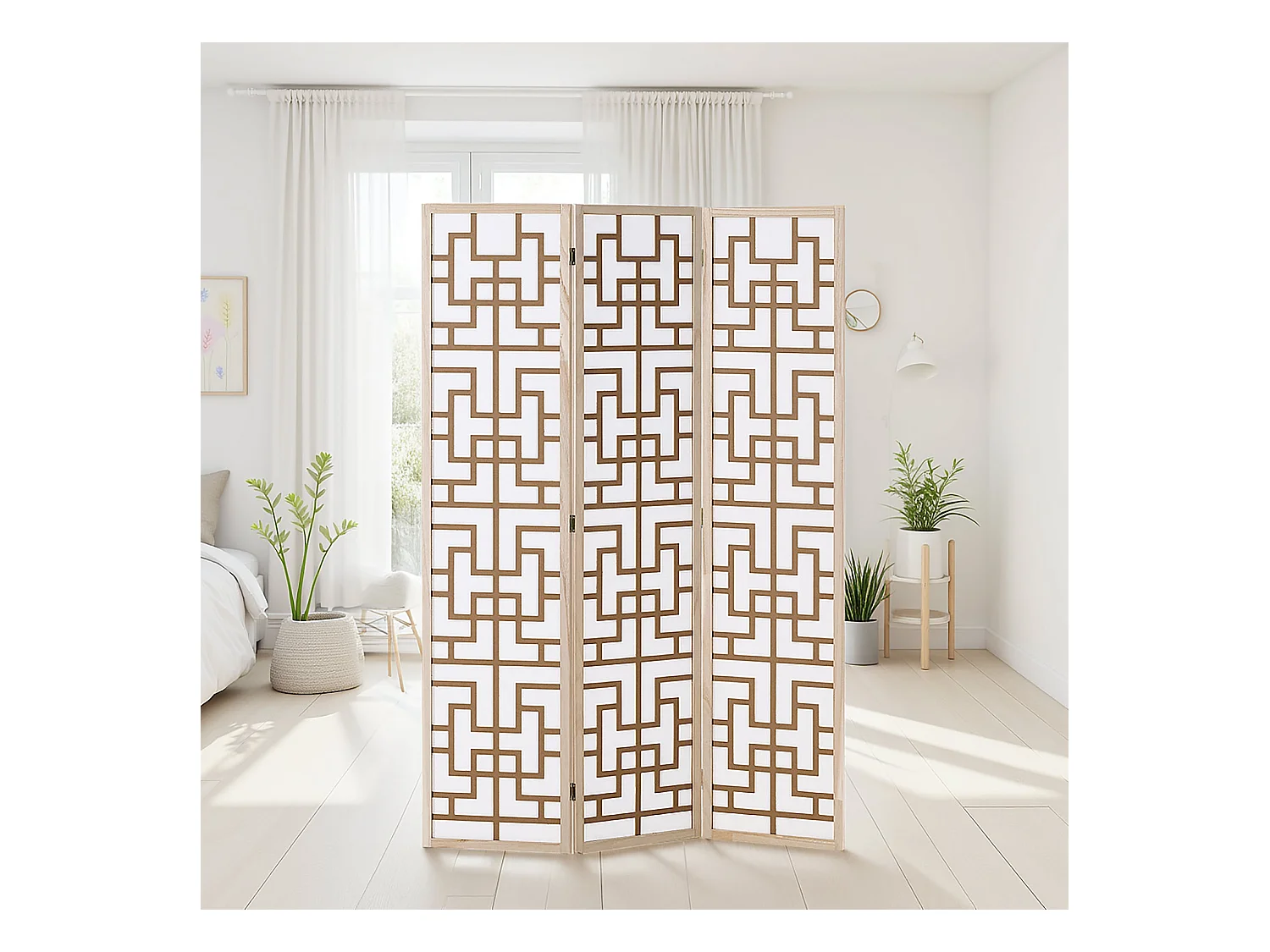 Paravent 170x120x2,0 cm Naturel Blanc Marron Shoji 3 panneaux