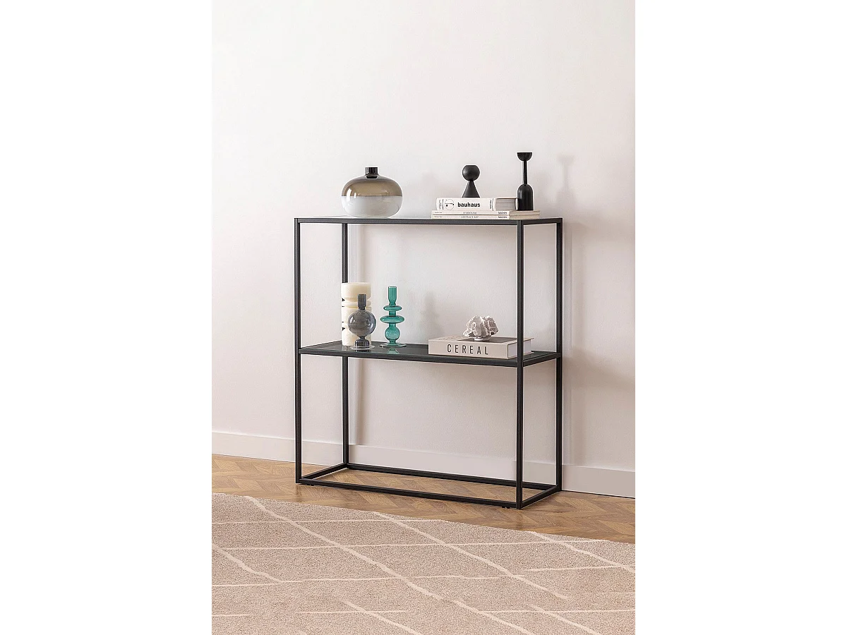 Aparador de metal y cristal – 80 cm x 85 cm x 30 cm – Negro y ahumado