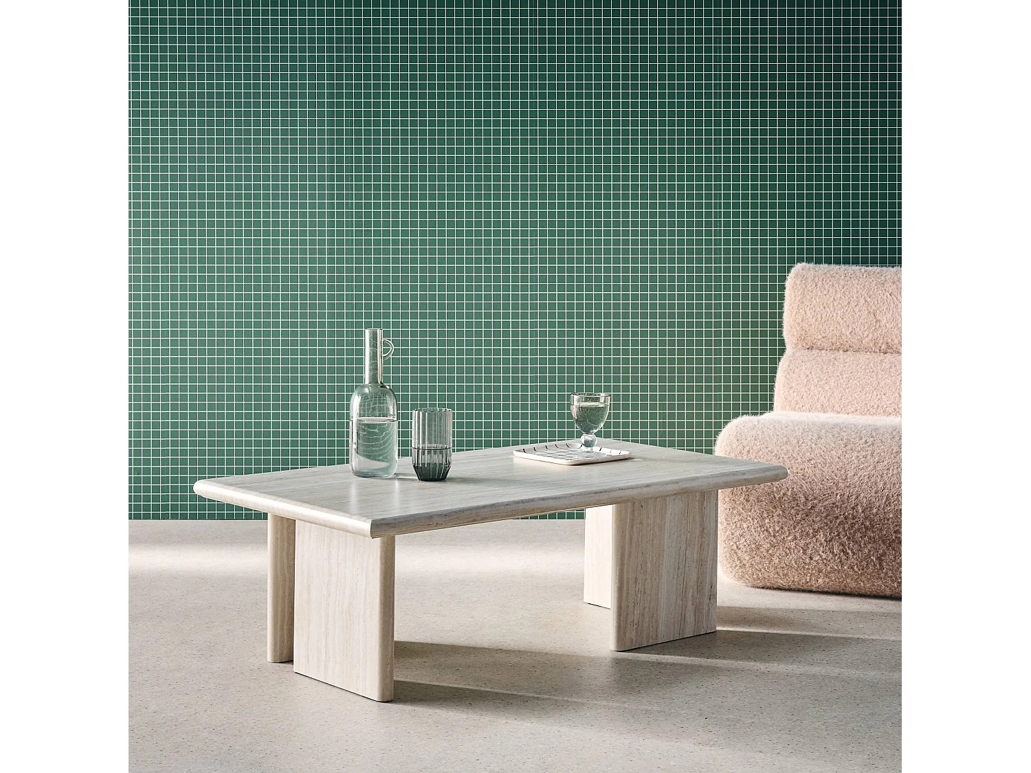 Mesa de centro rectangular con efecto madera beige travertino