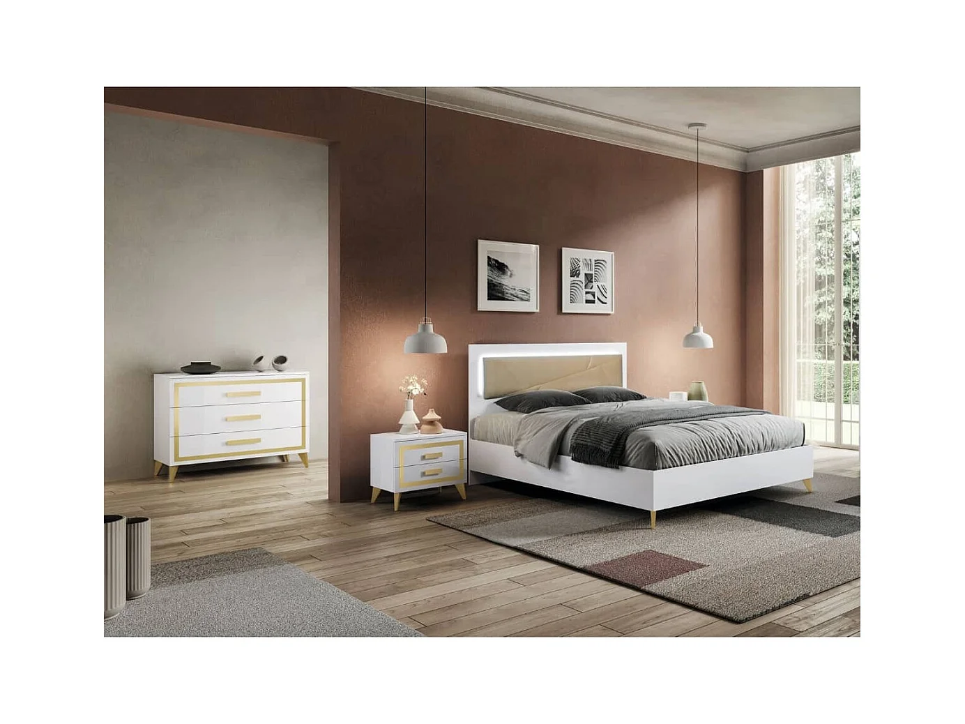 JEMMA - Chambre 160x200cm Blanche et Or Lit Tête Rembourrée avec Leds + 2 Chevets + Commode