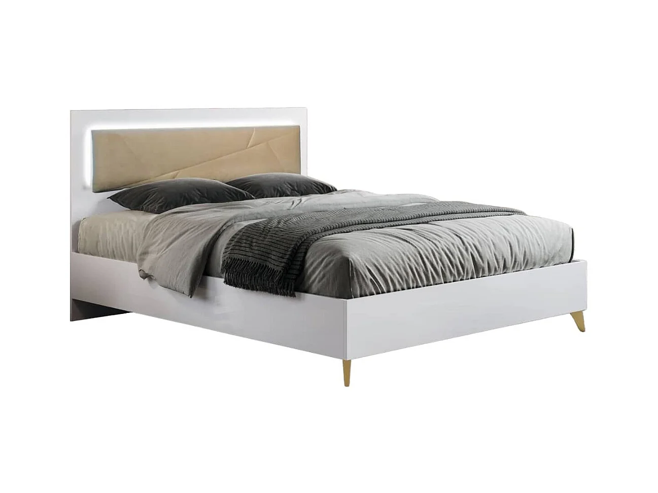 JEMMA - Chambre 160x200cm Blanche et Or Lit Tête Rembourrée avec Leds + 2 Chevets + Commode