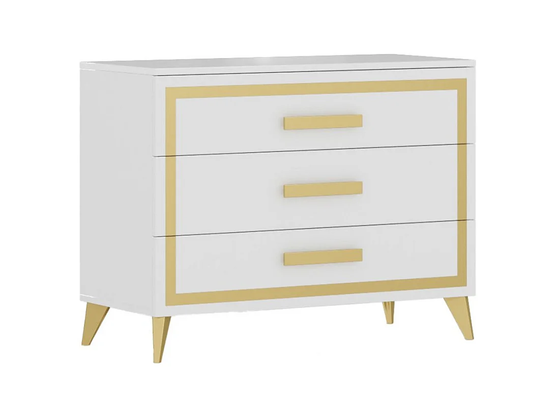 JEMMA - Chambre 160x200cm Blanche et Or Lit Tête Rembourrée avec Leds + 2 Chevets + Commode