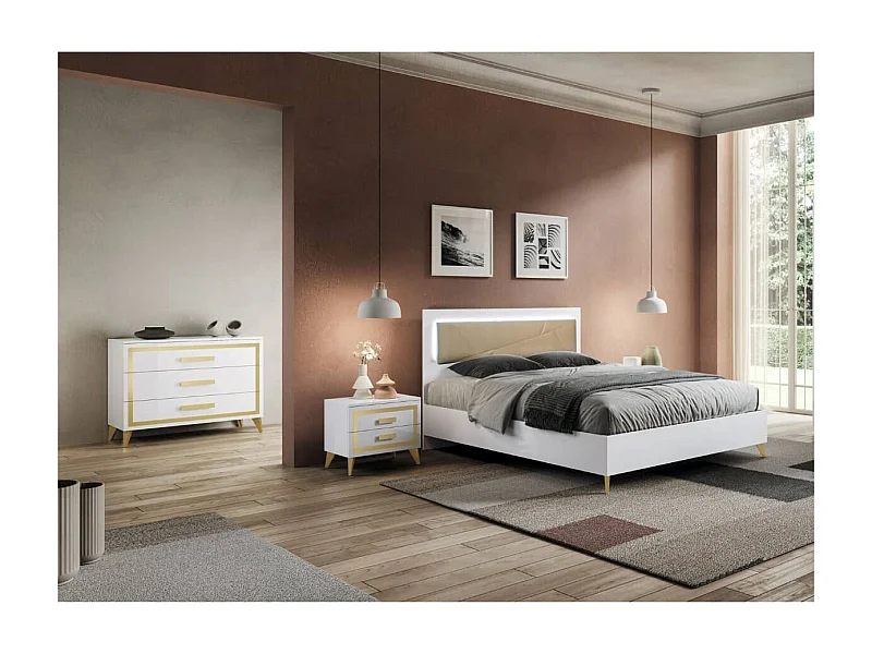 JEMMA - Chambre 160x200cm Blanche et Or Lit Tête Rembourrée avec Leds + 2 Chevets + Commode