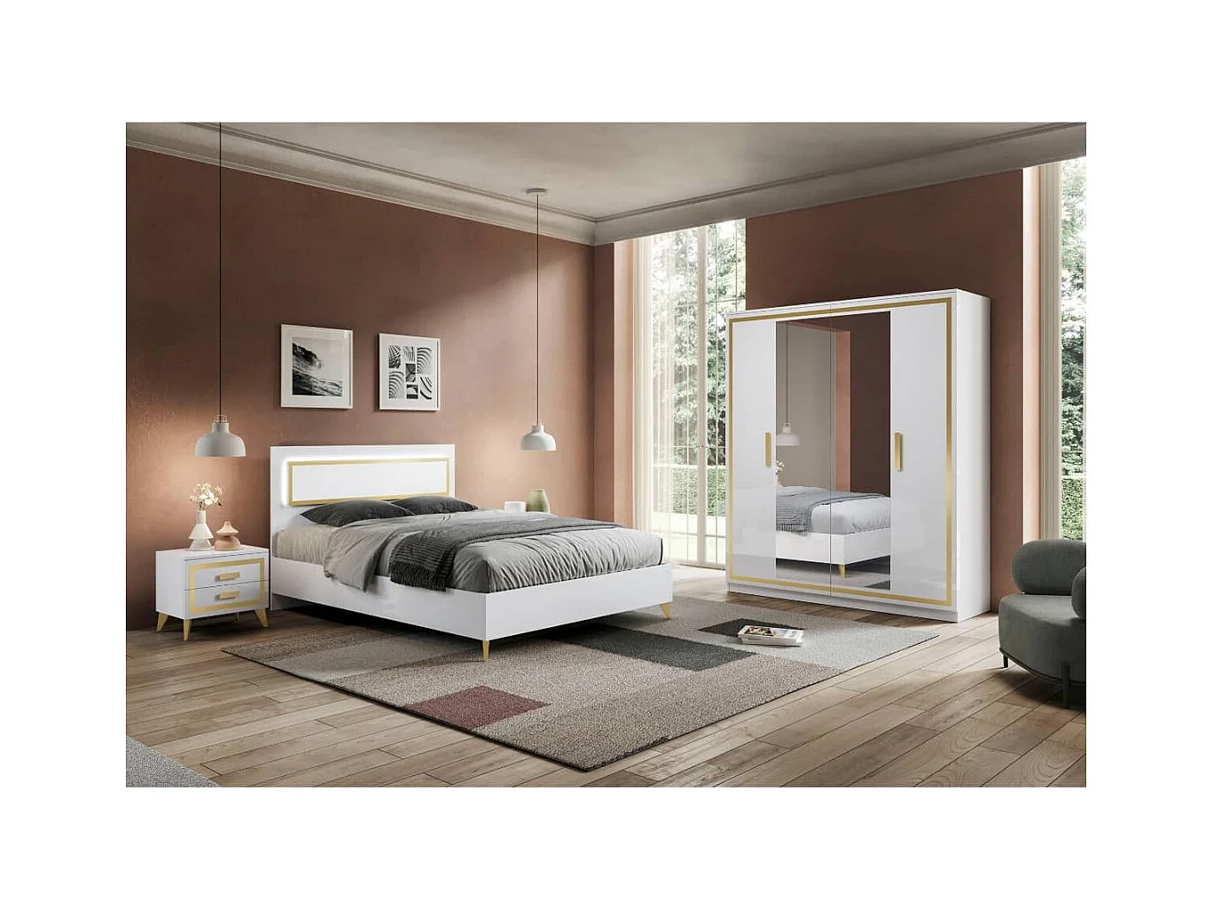 JEMMA - Chambre 160x200cm Blanche et Décor Doré Lit avec Leds + 2 Chevets + Armoire