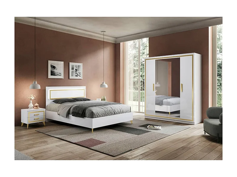 JEMMA - Chambre 160x200cm Blanche et Décor Doré Lit avec Leds + 2 Chevets + Armoire