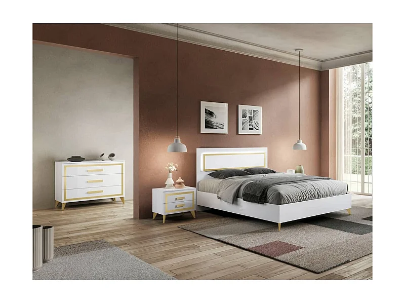 JEMMA - Chambre 160x200cm Blanche et Décor Doré Lit avec Leds + 2 Chevets + Commode