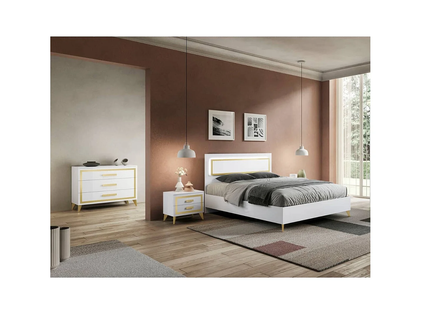 JEMMA - Chambre 160x200cm Blanche et Décor Doré Lit avec Leds + 2 Chevets + Commode