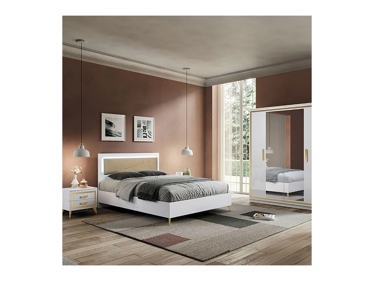 JEMMA - Chambre 160x200cm Blanche et Décor Doré Lit avec Leds + 2 Chevets + Commode