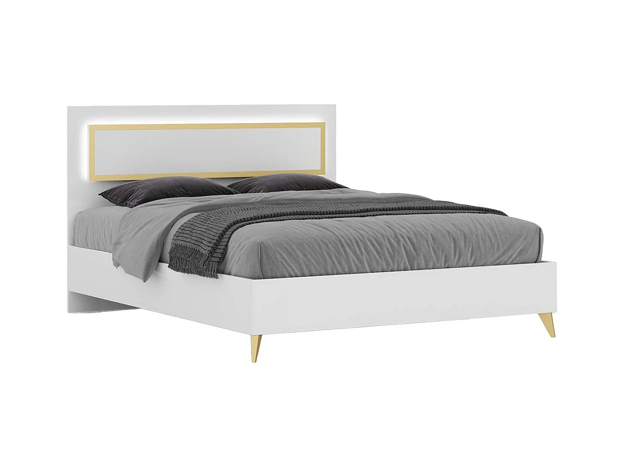 JEMMA - Chambre 160x200cm Blanche et Décor Doré Lit avec Leds + 2 Chevets + Commode