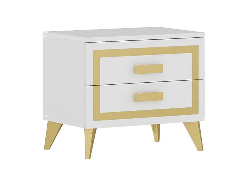 JEMMA - Chambre 160x200cm Blanche et Décor Doré Lit avec Leds + 2 Chevets + Commode