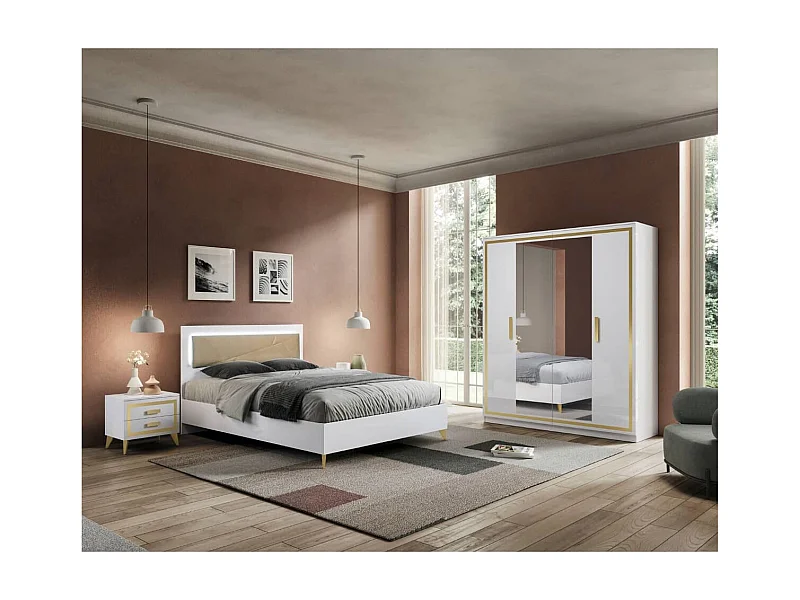 JEMMA - Chambre 160x200cm Blanche et Or Lit Tête Rembourrée avec Leds + 2 Chevets + Armoire