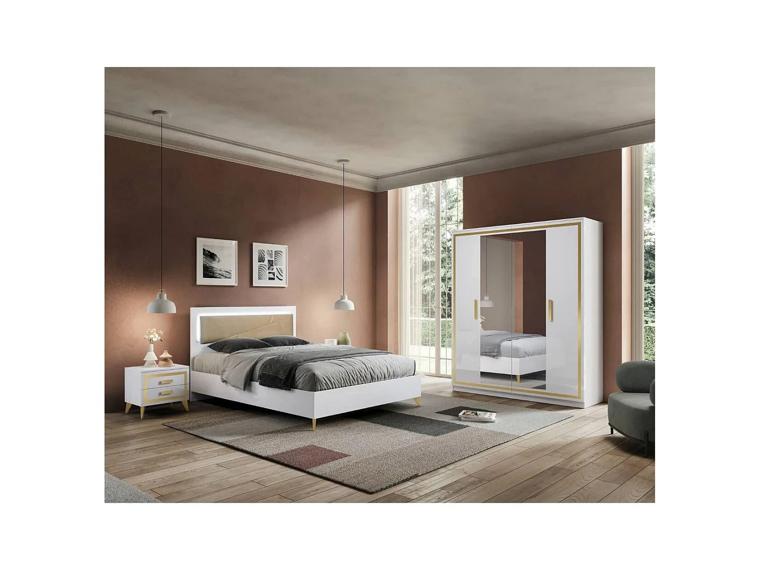 JEMMA - Chambre 160x200cm Blanche et Or Lit Tête Rembourrée avec Leds + 2 Chevets + Armoire