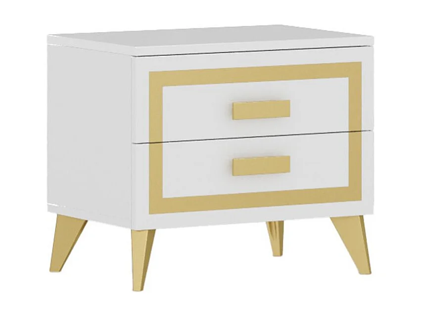 JEMMA - Chambre 160x200cm Blanche et Or Lit Tête Rembourrée avec Leds + 2 Chevets + Armoire