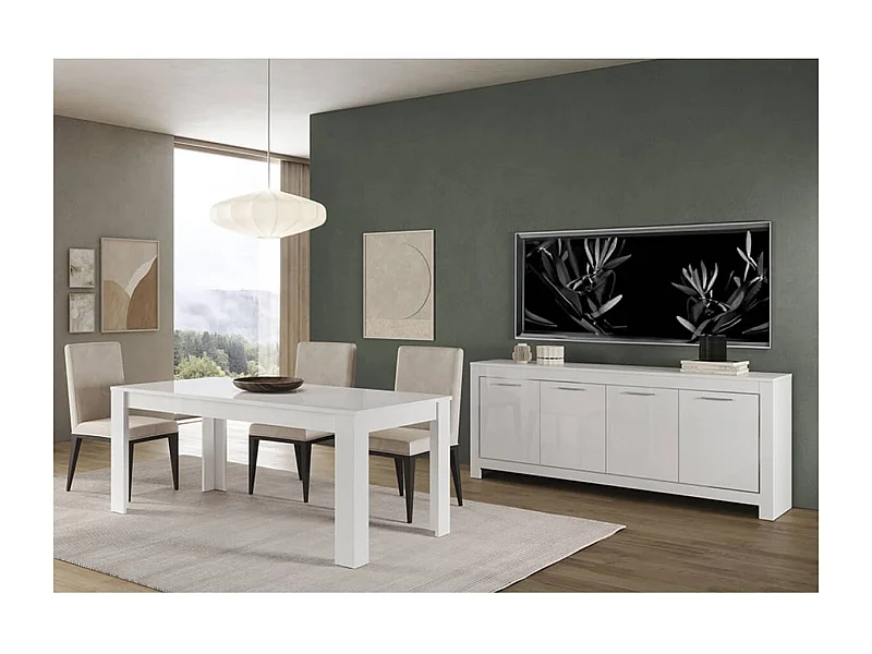 DENAE - Ensemble Séjour Laqué Blanc Brillant Table 160cm + Buffet 4 Portes