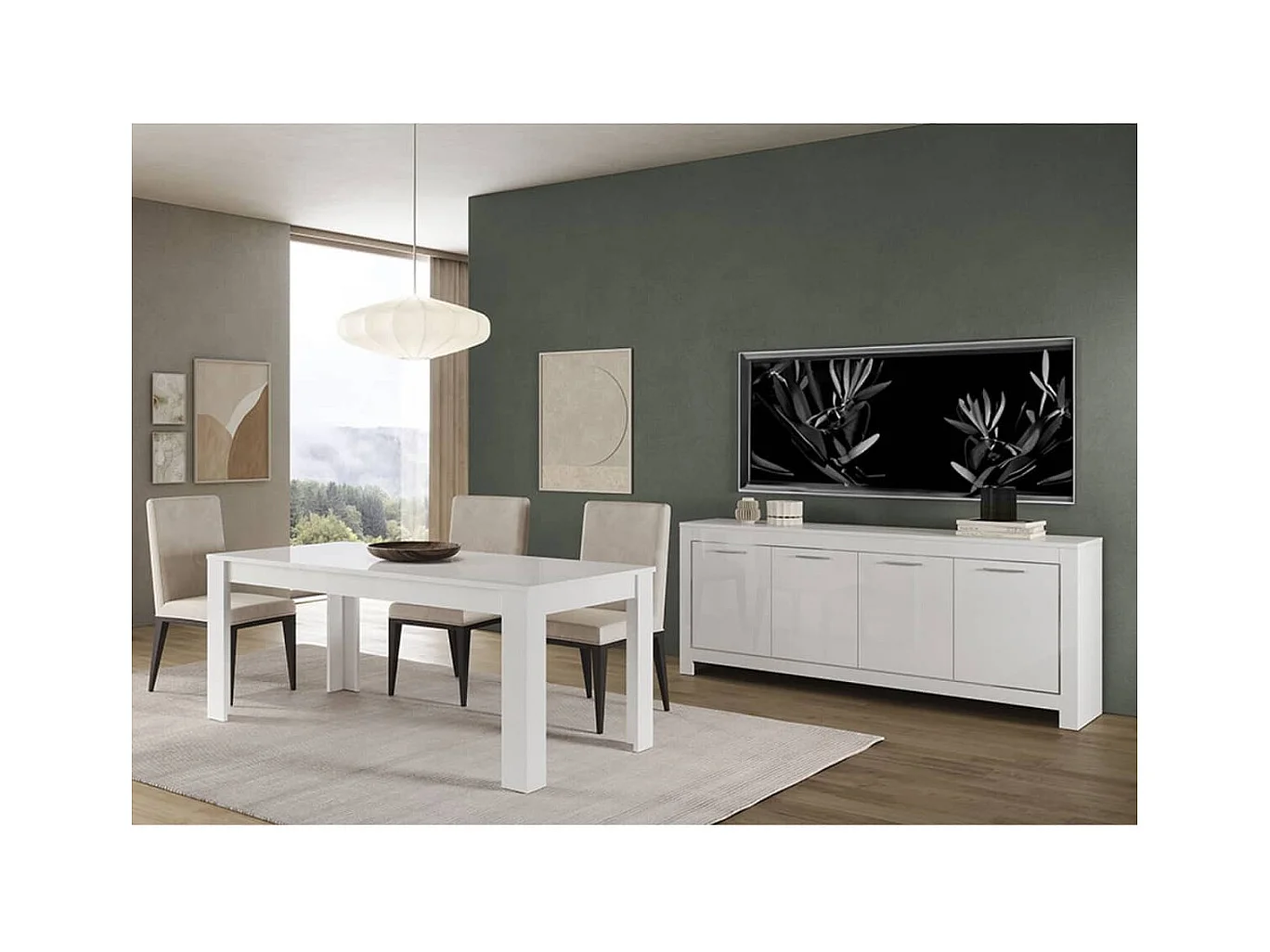 DENAE - Ensemble Séjour Laqué Blanc Brillant Table 160cm + Buffet 4 Portes