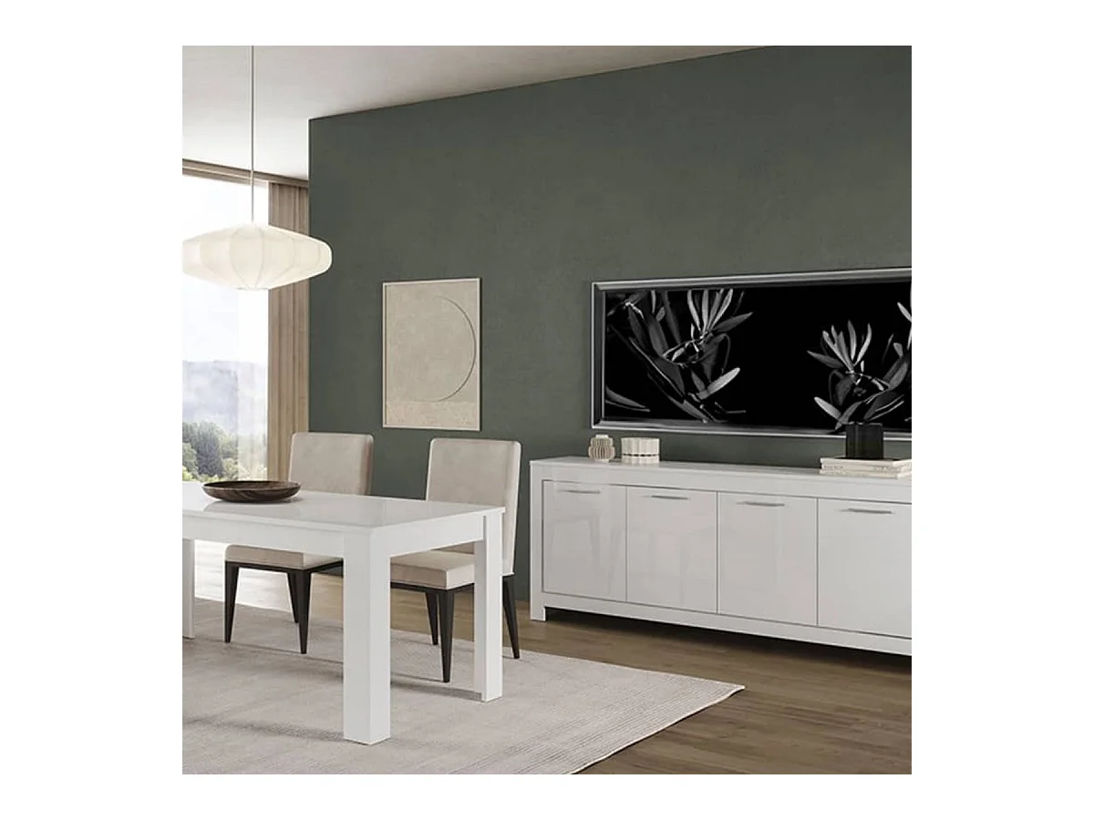 DENAE - Ensemble Séjour Laqué Blanc Brillant Table 160cm + Buffet 4 Portes
