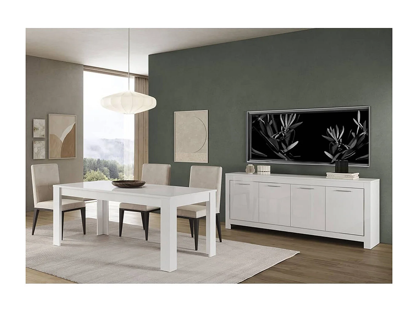 DENAE - Ensemble Séjour Laqué Blanc Brillant Table 160cm + Buffet 4 Portes