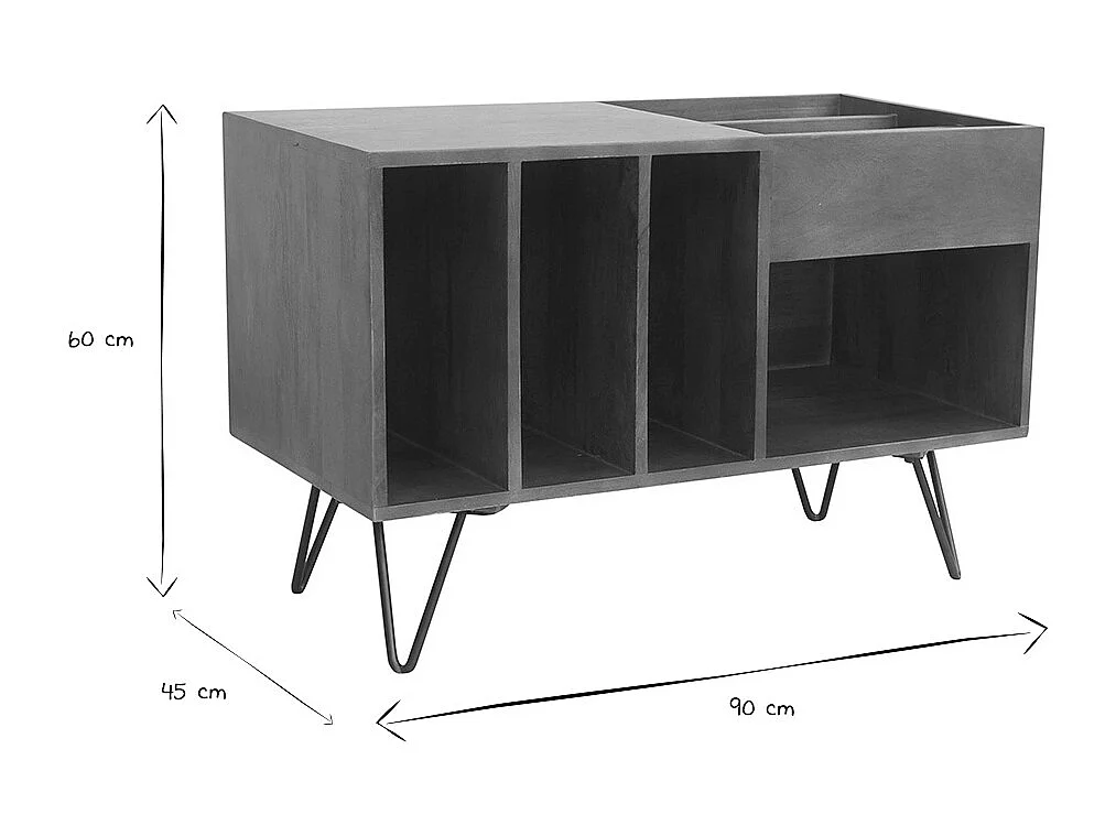 Buffet de rangement vinyles en bois manguier massif teinté et métal L90 cm BOOGIE