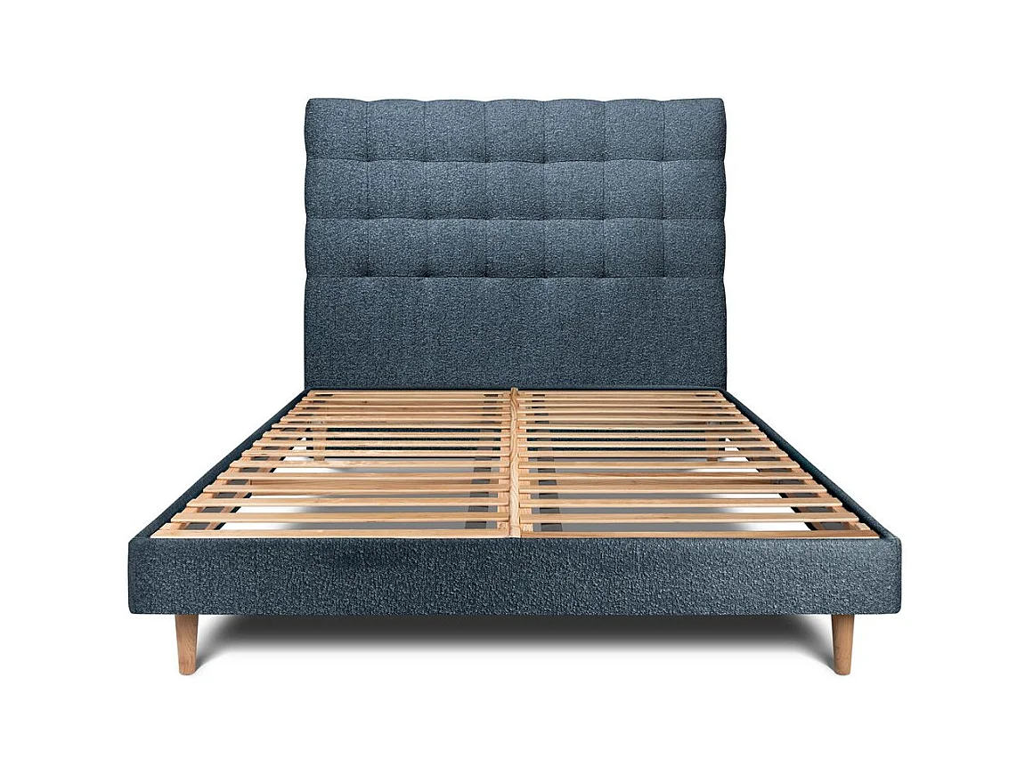 Lit 200x200cm avec tête de lit capitonnée bouclette et sommier kit Bleu - Hauteur totale : 29cm