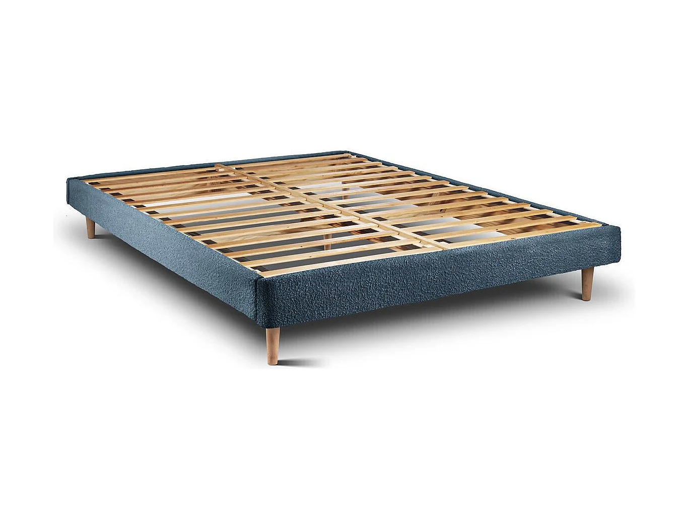 Lit 200x200cm avec tête de lit capitonnée bouclette et sommier kit Bleu - Hauteur totale : 29cm