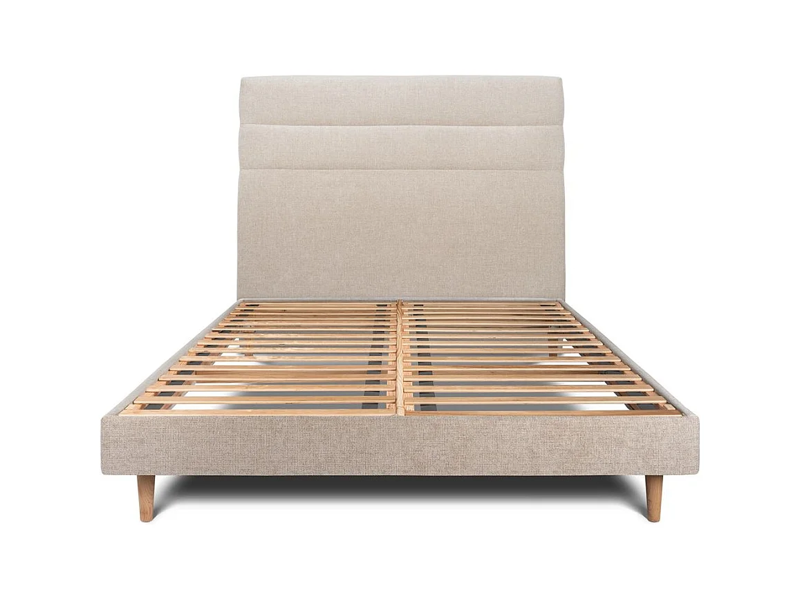 Lit 140x190cm avec tête de lit lignes tissu et sommier kit beige brun - Hauteur totale : 29cm
