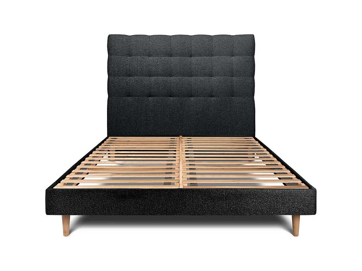 Lit 200x200cm avec tête de lit capitonnée bouclette et sommier kit Noir - Hauteur totale : 29cm