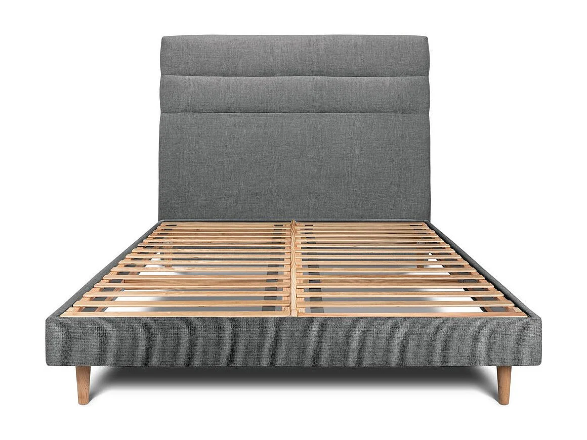 Lit 140x190cm avec tête de lit lignes tissu et sommier kit gris anthracite - Hauteur totale : 29cm