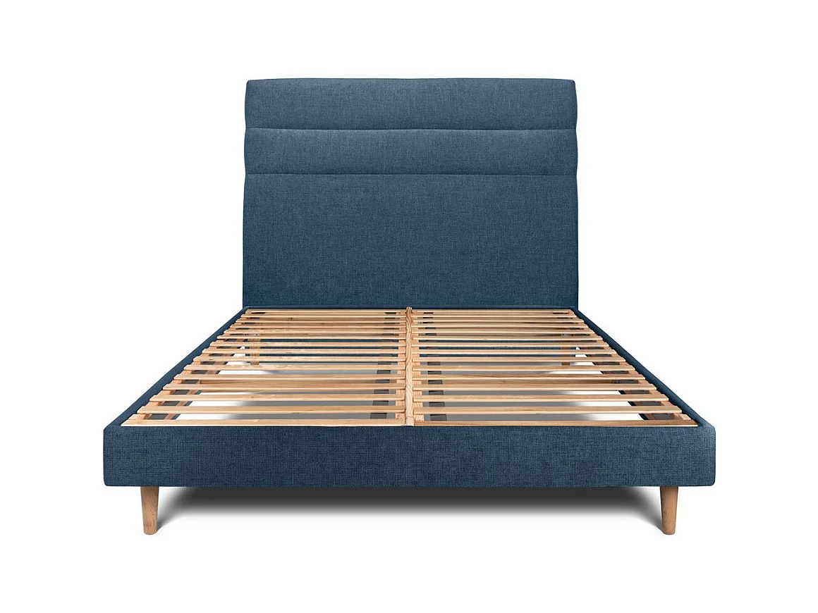 Lit 140x190cm avec tête de lit lignes tissu et sommier kit Bleu - Hauteur totale : 29cm