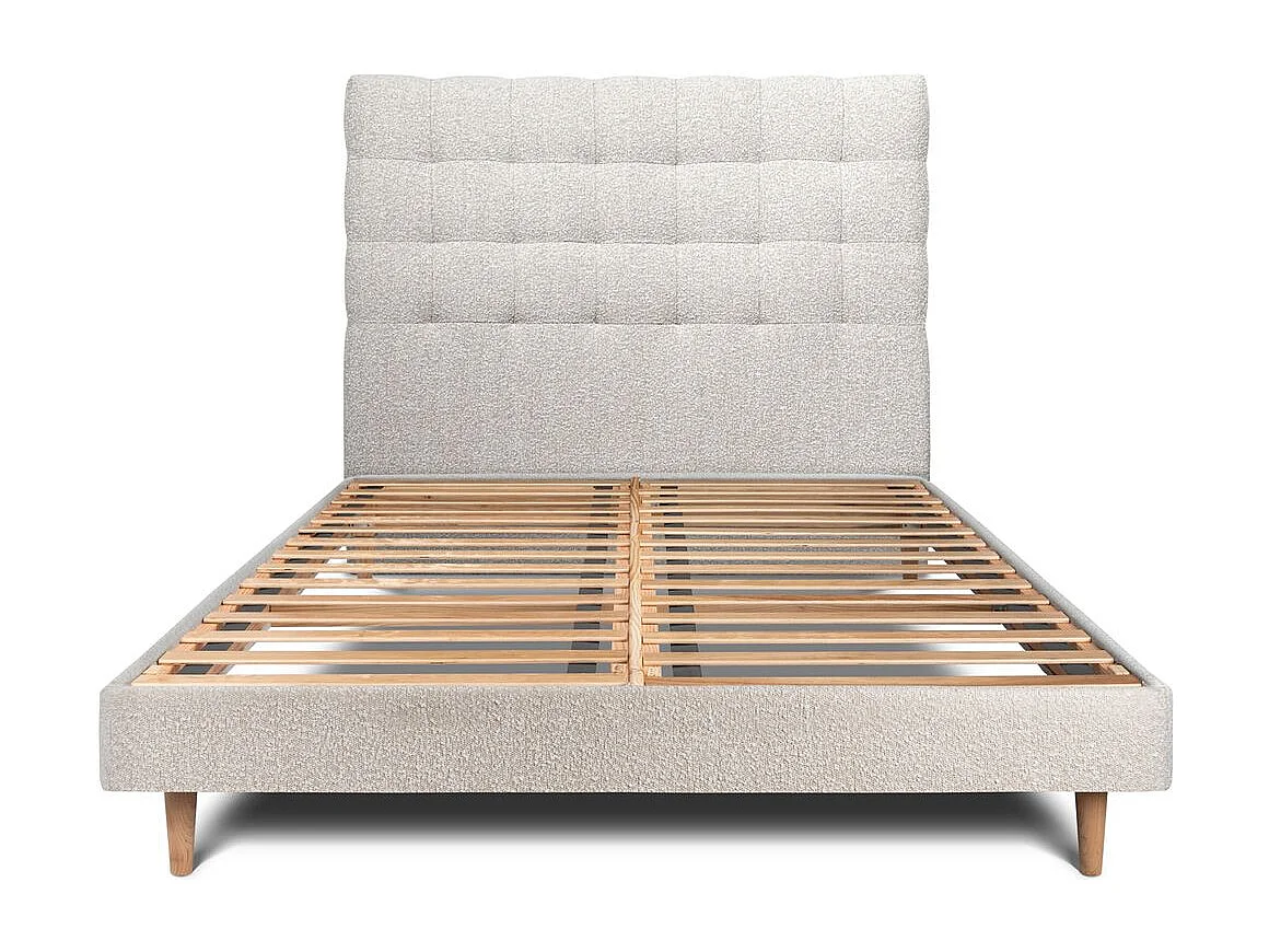 Lit 200x200cm avec tête de lit capitonnée bouclette et sommier kit Beige - Hauteur totale : 29cm