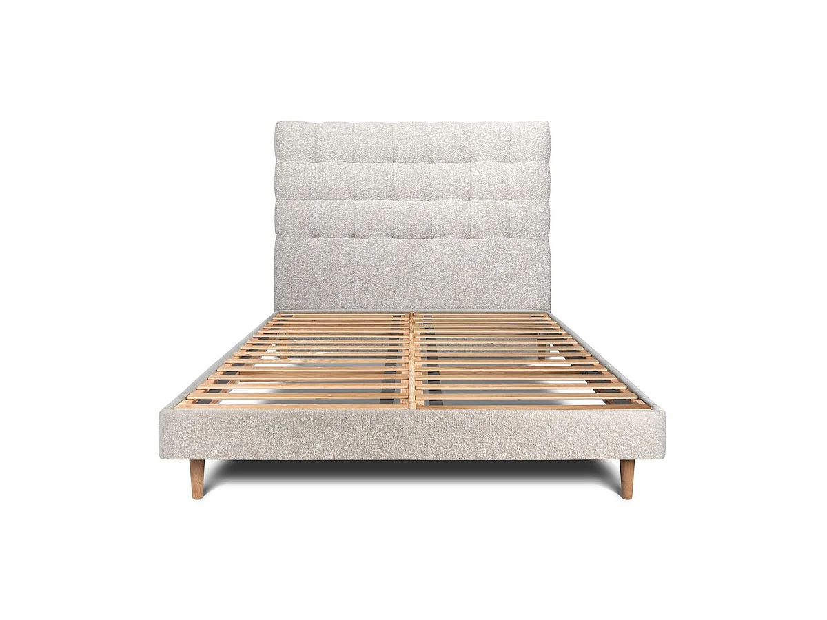 Lit 200x200cm avec tête de lit capitonnée bouclette et sommier kit Beige - Hauteur totale : 29cm