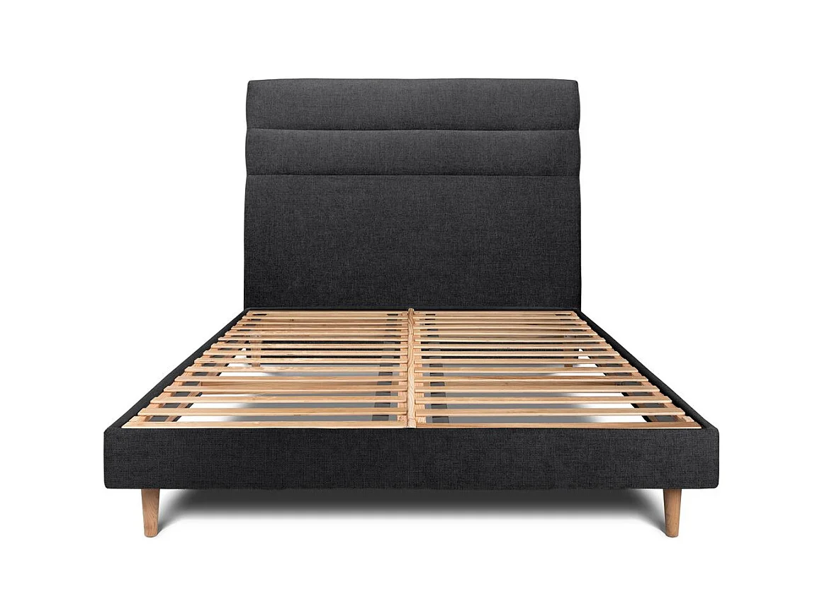 Lit 140x190cm avec tête de lit lignes tissu et sommier kit Noir - Hauteur totale : 29cm