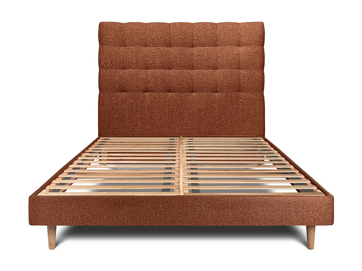 Lit 200x200cm avec tête de lit capitonnée bouclette et sommier kit Terracotta - Hauteur totale : 29cm