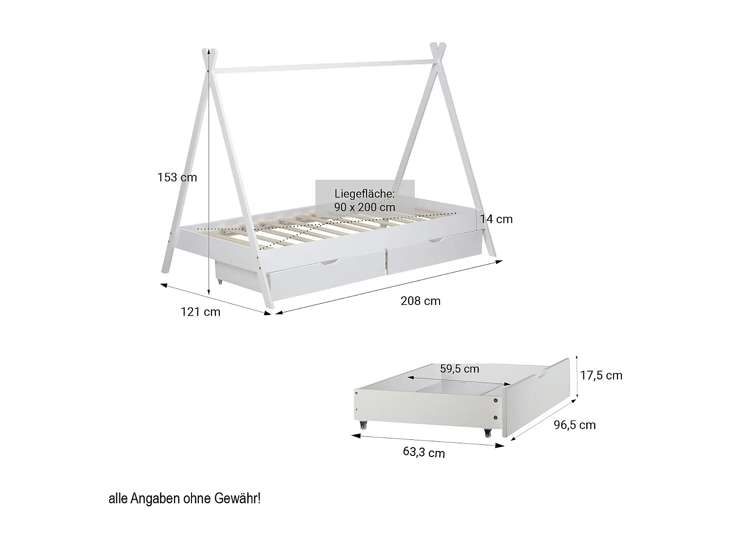 Kinderbett 90x200 cm weiß