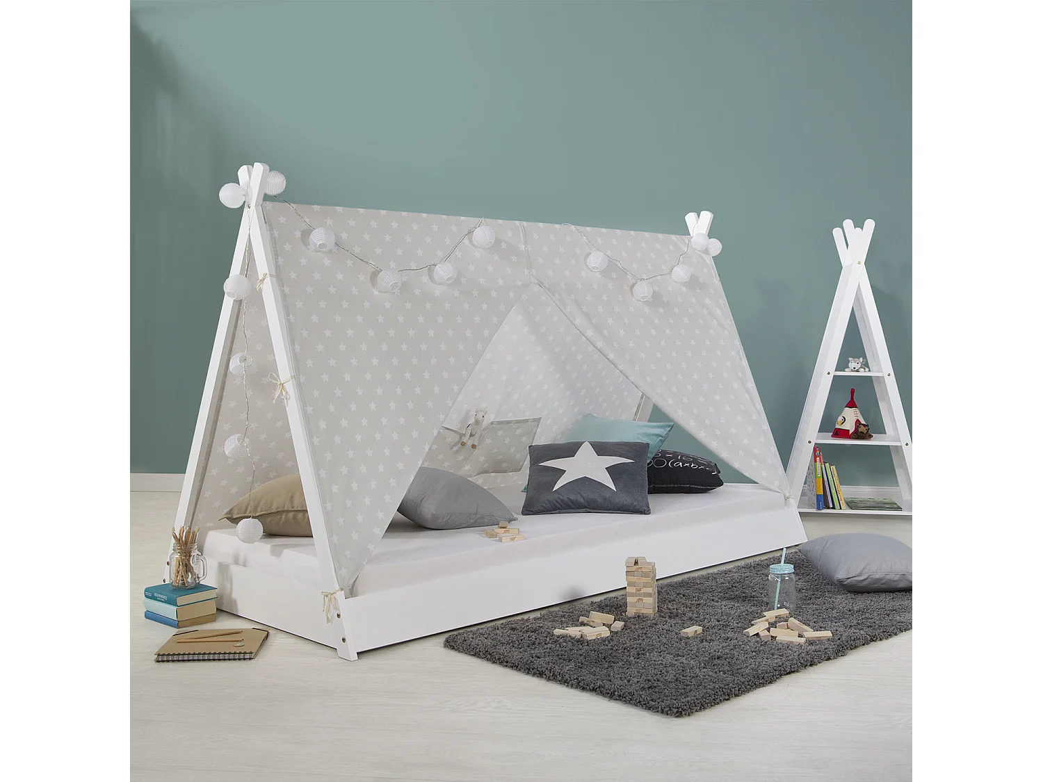 Lit enfant 90x200 cm blanc gris toile étoiles