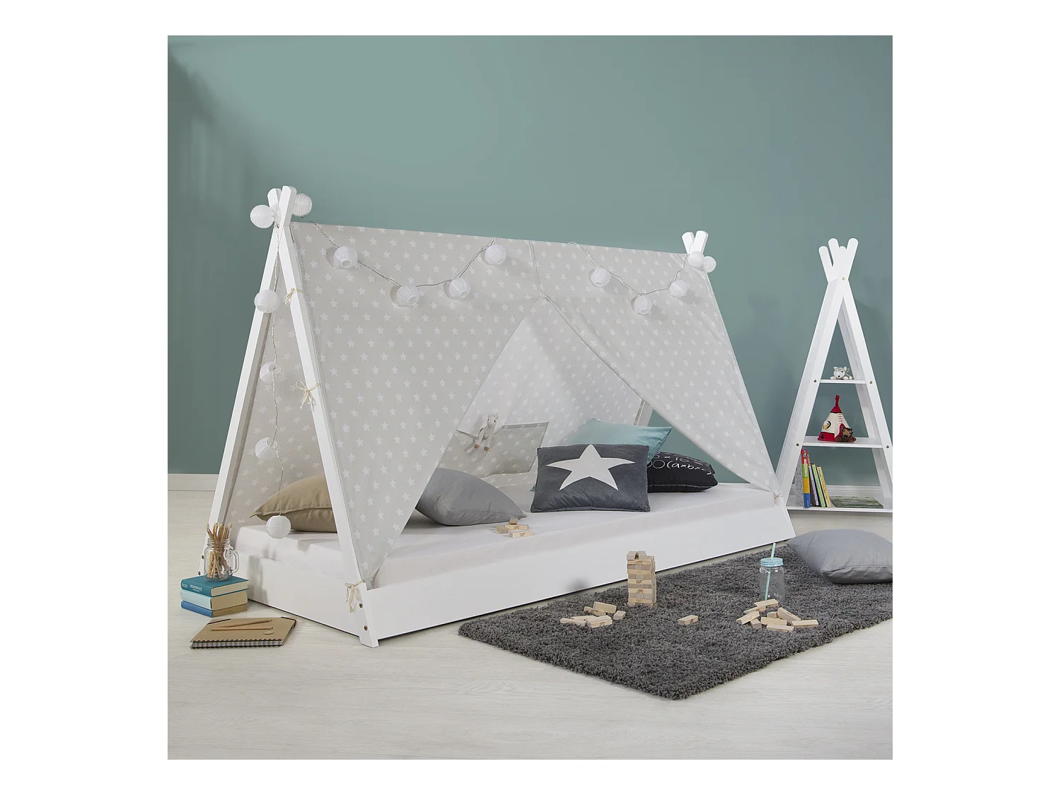 Kinderbett 90x200 cm Weiß Grau Leinwand Sterne