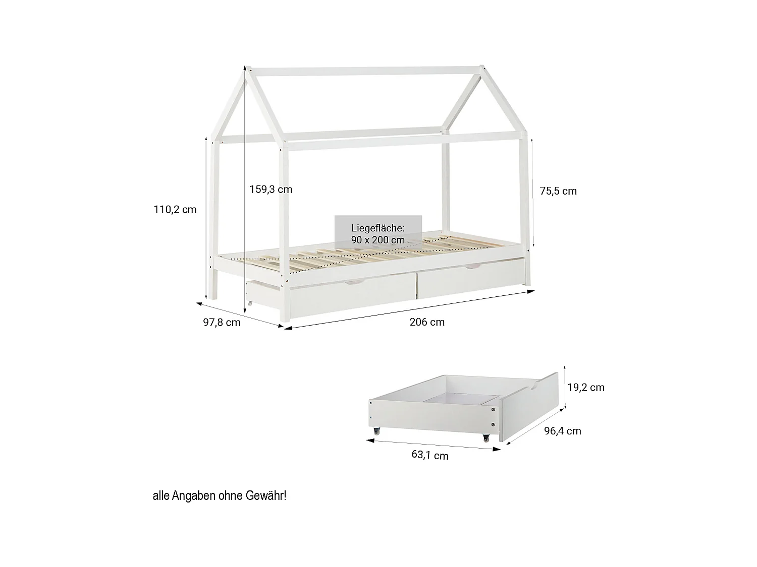 Kinderbed 90x200 cm wit Huis Bedframe voor kinderen met laden