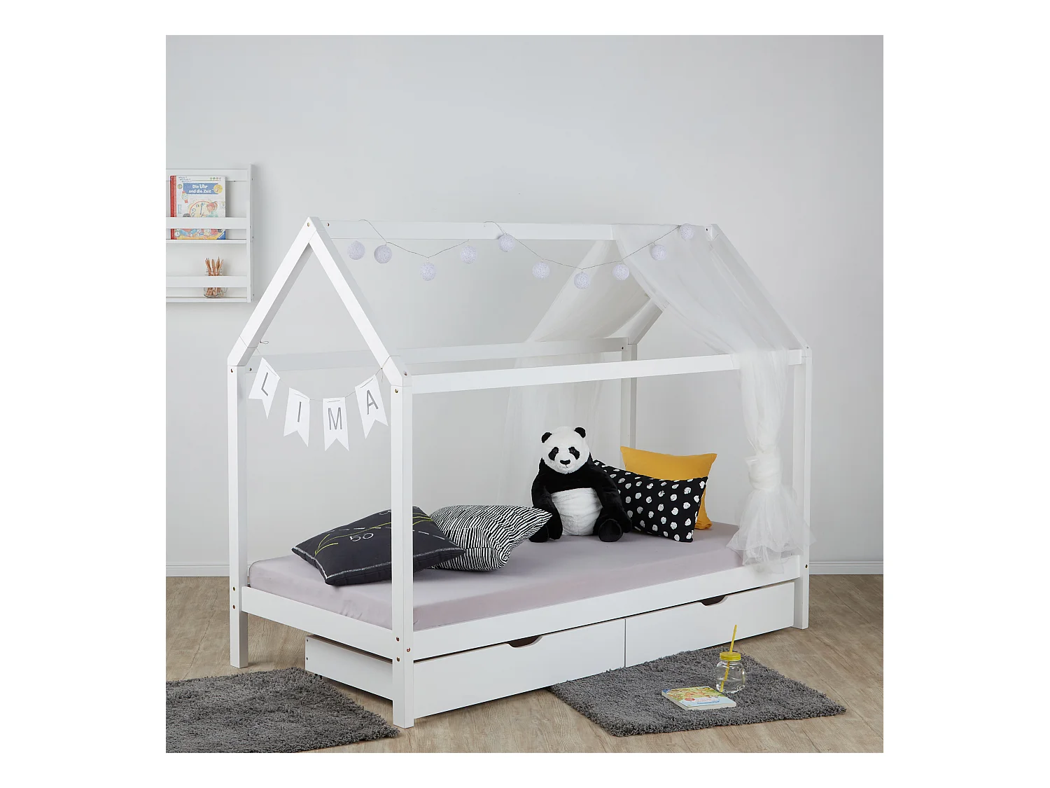 Kinderbed 90x200 cm wit Huis Bedframe voor kinderen met laden