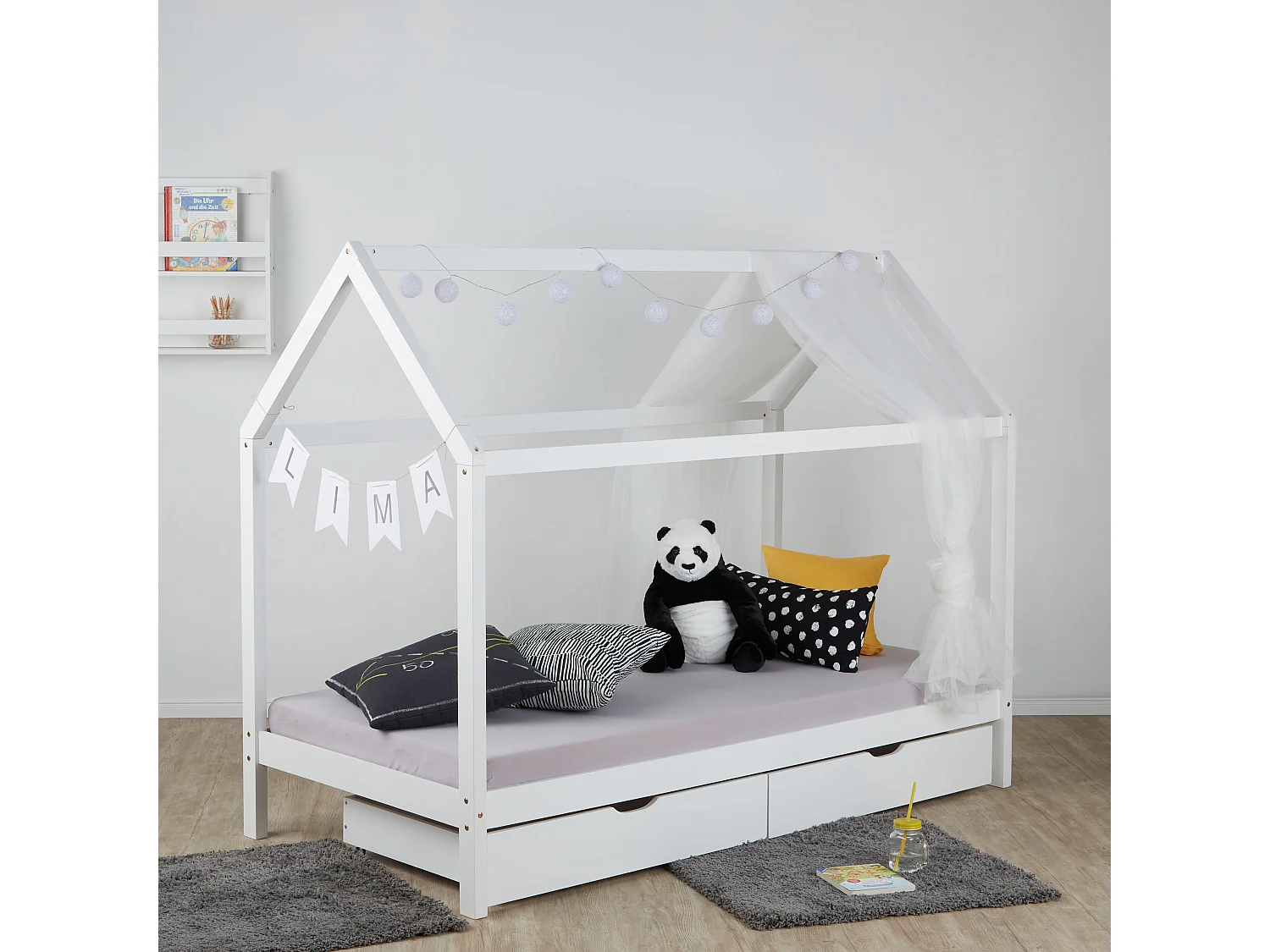 Lit pour enfants 90x200 cm blanc Cadre de lit Maison pour enfants avec tiroirs