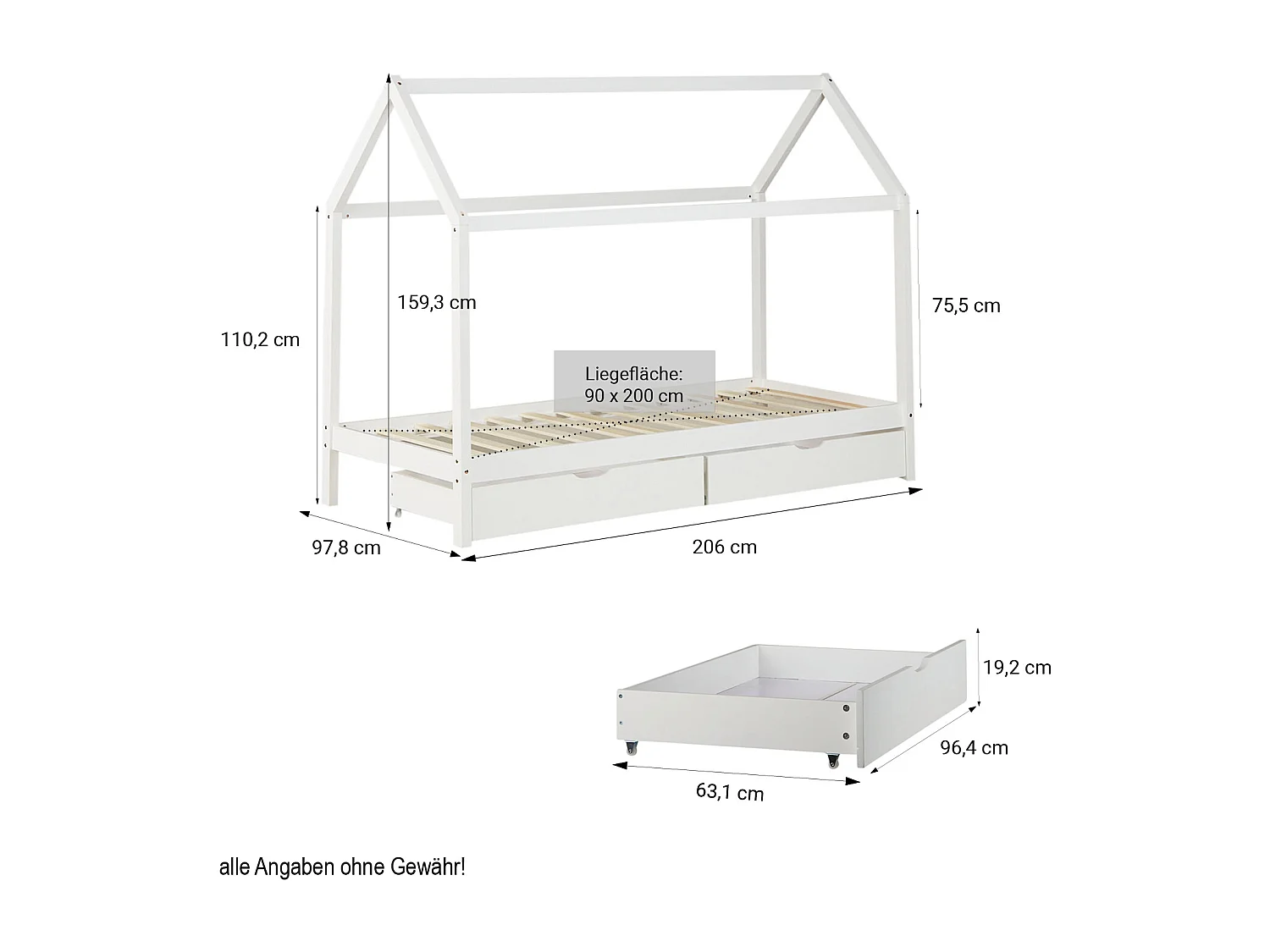 Lit pour enfants 90x200 cm blanc Cadre de lit Maison pour enfants avec tiroirs
