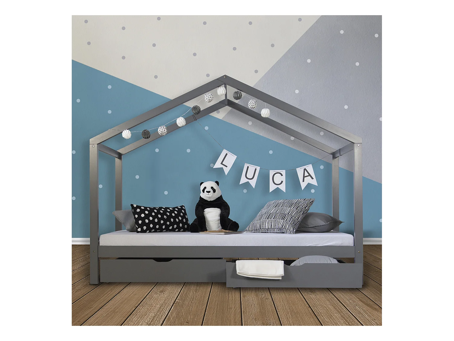 Letto per bambini 90x200 cm grigio materasso 90x200 cm bianco