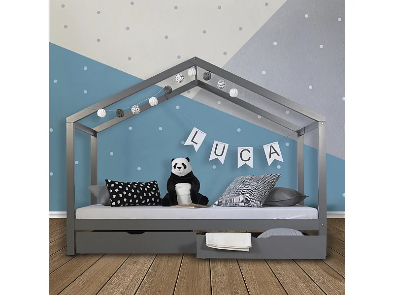 Lit enfant 90x200 cm gris matelas 90x200 cm blanc