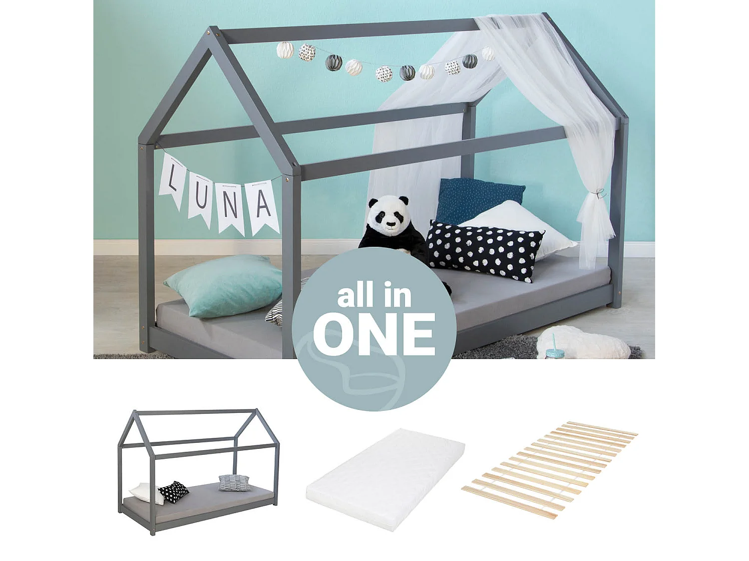 Kinderbett 80x160 cm Graues Hausbett
