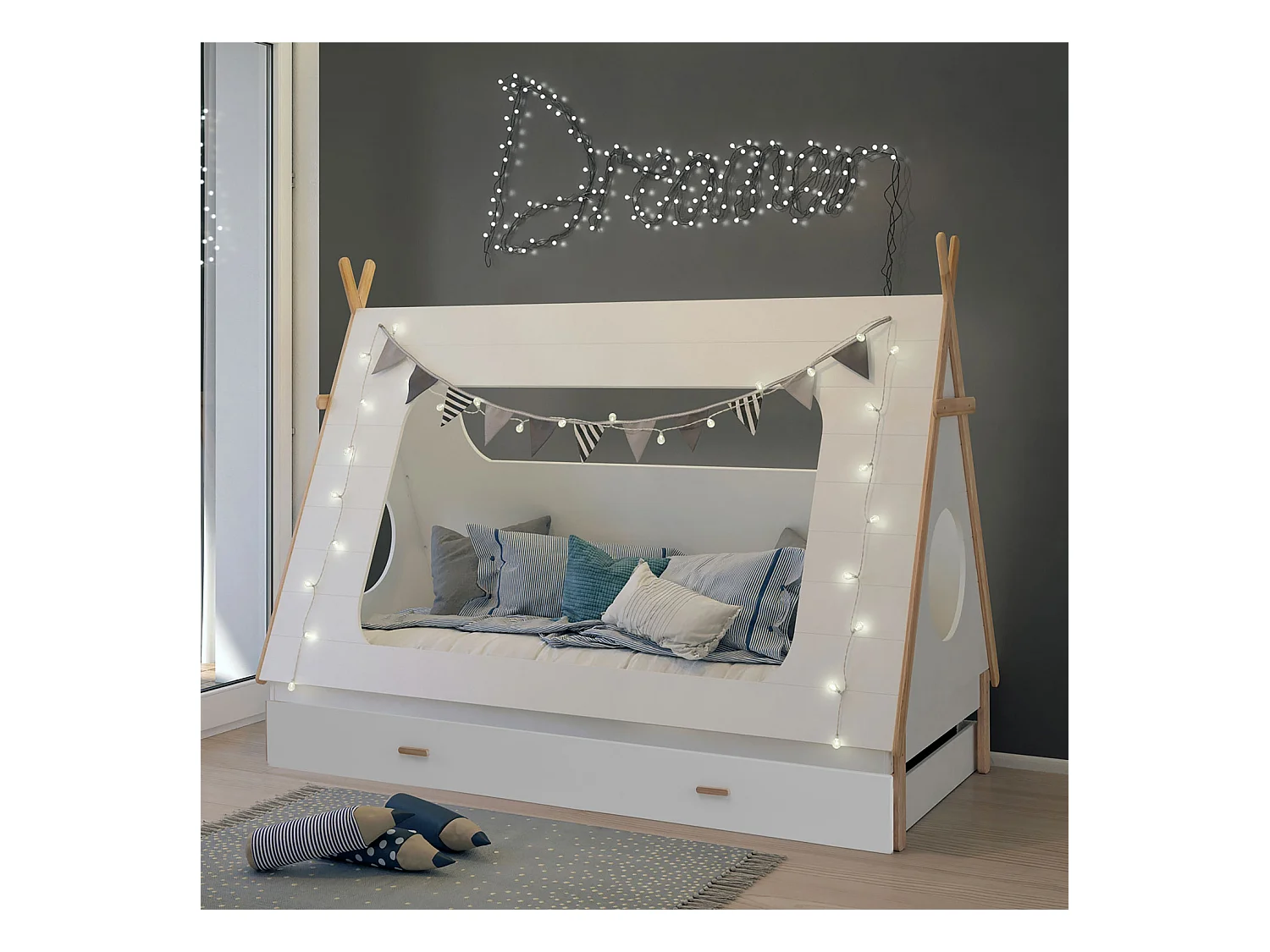 Kinderbed 90x200 cm wit tipi huis bed van hout