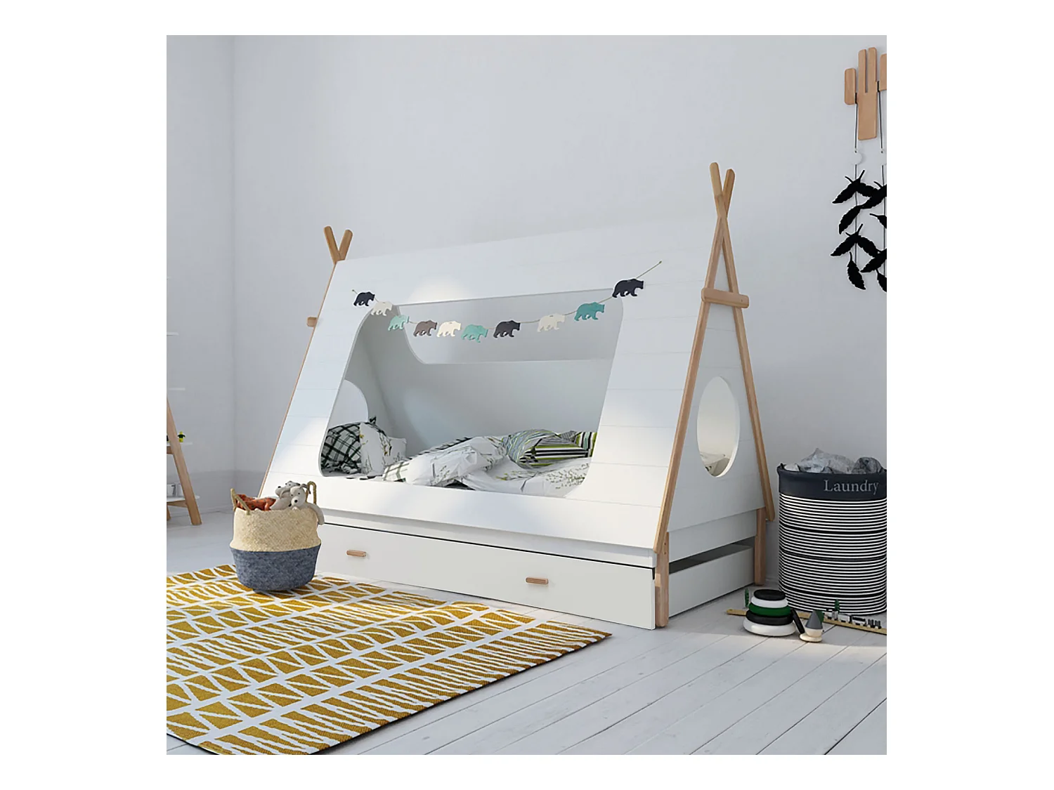 Kinderbed 90x200 cm wit tipi huis bed van hout
