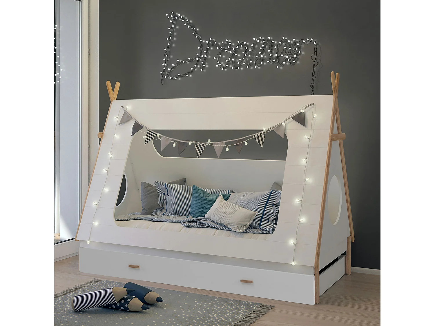 Lit enfant 90x200 cm blanc tipi maison lit en bois